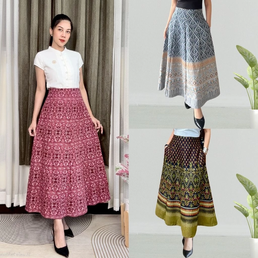 กระโปรงผ้าไทยประยุกต์ ทรงย้วย 8 ชิ้น เอวสูงไม่ใส่ยางยืด ยาว 36 นิ้ว มีกระเป๋า 2 ข้าง ผ้าฝ้ายพิมพ์ลาย ไม่อัดกาว