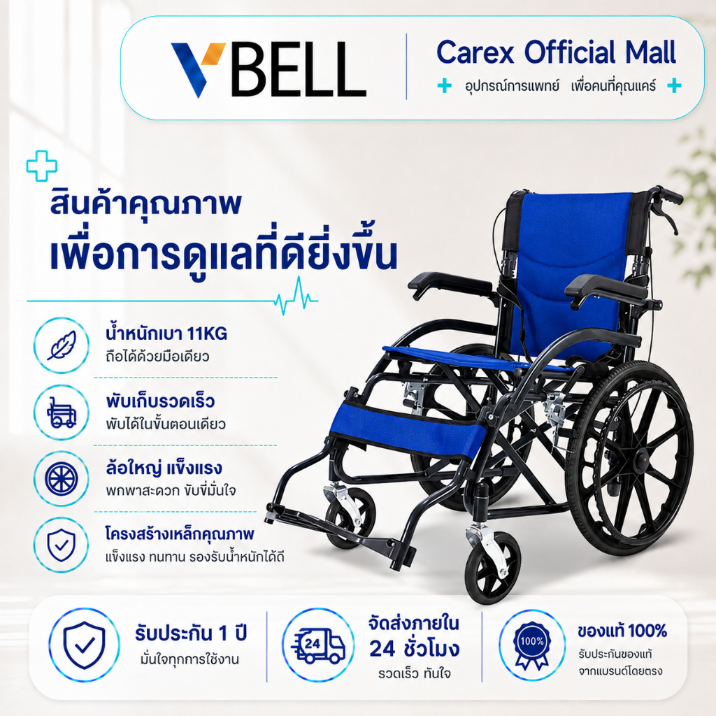 รถเข็น ยาง 20 นิ้ว เบรกสองมือด้านหน้าและด้านหลัง ที่วางแขนสามารถเปิดได้ สามารถรับน้ำหนักได้ 100 กิโลกรัม