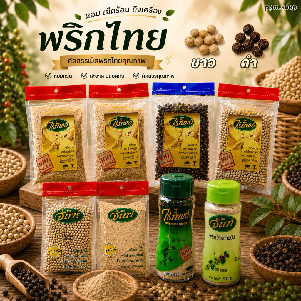 พริกไทยขาว เเละพริกไทยดำ ตราไร่ทิพย์เเละตราจันท์ (เม็ดขาวเเละเม็กดำ ป่นขาวเเละป่นดำ)