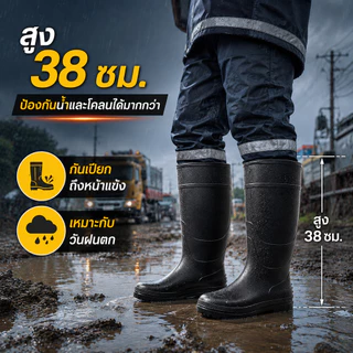รองเท้าบูทเซฟตี้หัวเหล็กกันน้ำ สูง 38 ซม. พื้นกันลื่น สำหรับงานก่อสร้าง โรงงาน งานช่าง และพื้นที่เปียก