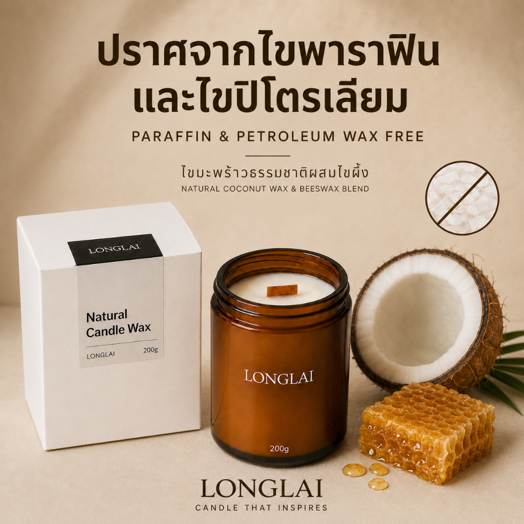 LONGLAI เทียนหอมอโรม่า ไขมะพร้าวธรรมชาติ ไส้ไม้ กลิ่นโรงแรมหรู วานิลลา เลมอน สปา ไม้จันทน์ | Coconut Wax Scented Candle