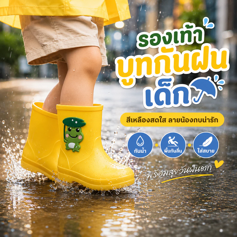 รองเท้าบูทเด็กกันน้ำ สีเหลือง รองเท้ากันฝนเด็ก พื้นกันลื่น น้ำหนักเบา ลายน้องกบน่ารัก ใส่ไปโรงเรียนได้