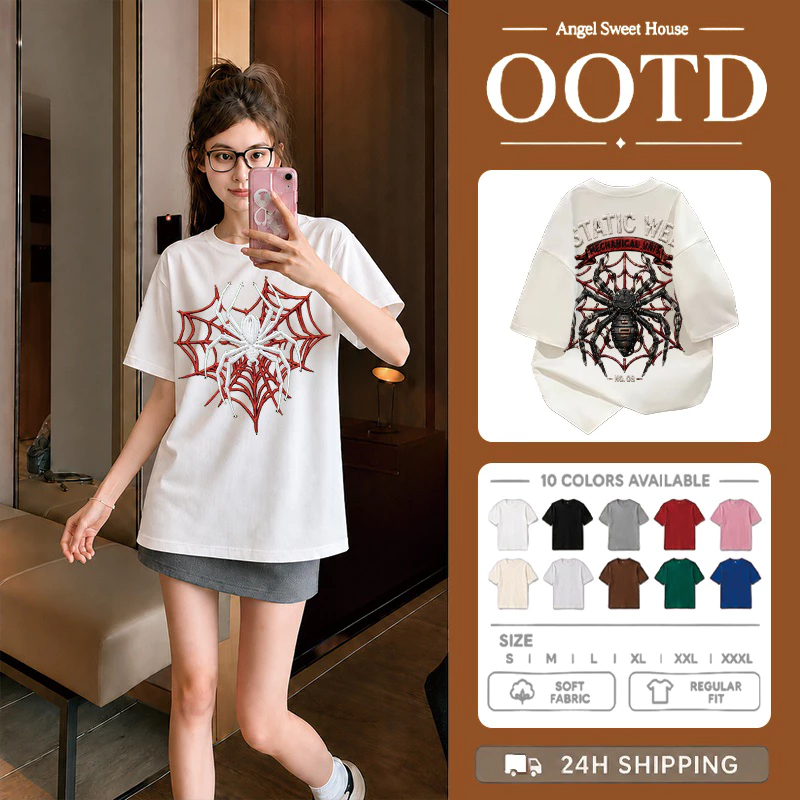 (COD) Angle Official เสื้อยืดผู้หญิงแขนสั้น ลายแมงมุมใยแมงมุม สไตล์ Y2K ทรงหลวม ผ้านุ่ม ใส่สบาย แฟชั่นสตรีท