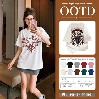 (COD) Angle Official เสื้อยืดผู้หญิงแขนสั้น ลายแมงมุมใยแมงมุม สไตล์ Y2K ทรงหลวม ผ้านุ่ม ใส่สบาย แฟชั่นสตรีท
