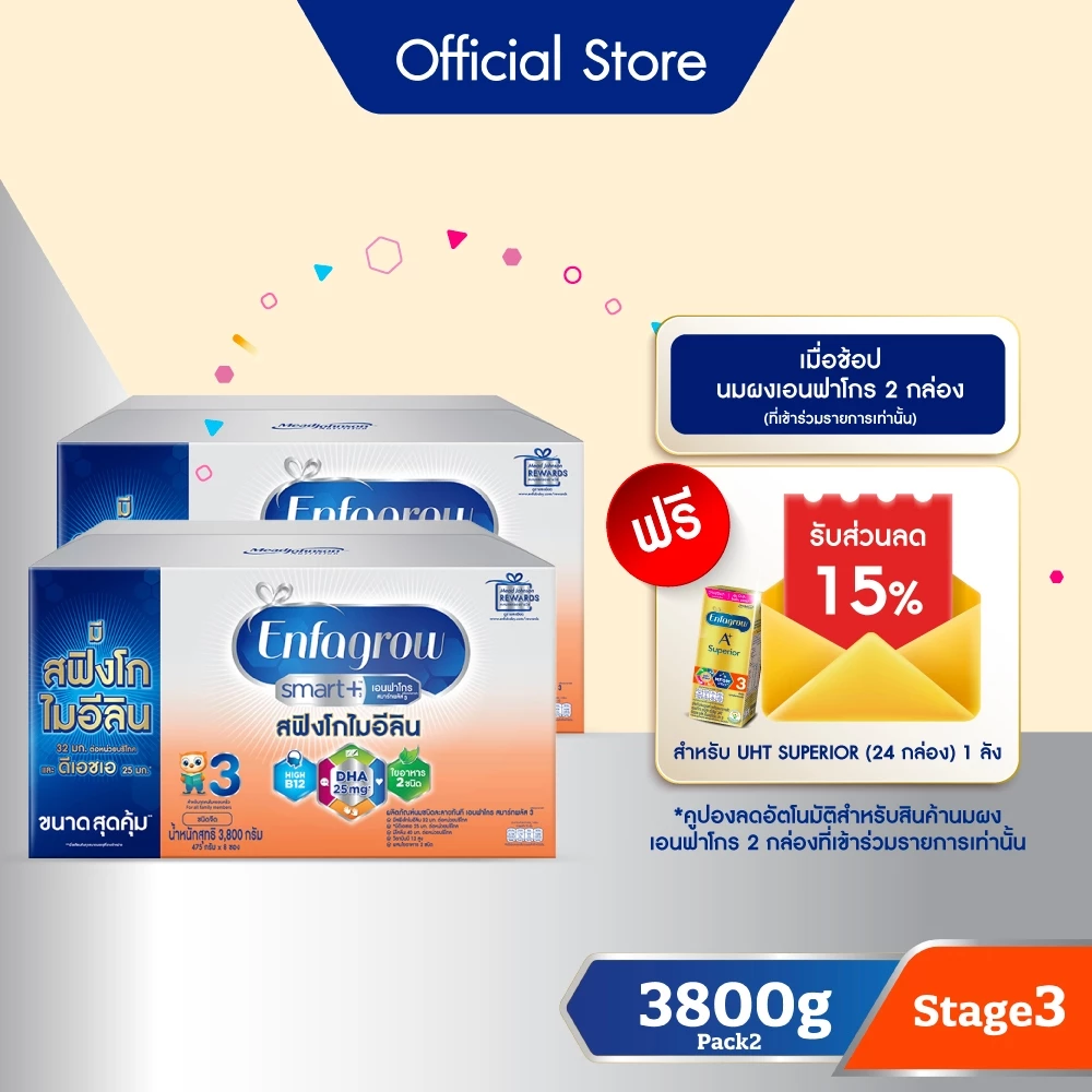 นมผง เอนฟาโกร สมาร์ทพลัส ดีเอชเอ สูตร3 ชนิดจืด (3800 กรัม) x2 กล่อง Enfagrow Smart+ Stage3 Plain (3800 g) x2 packs