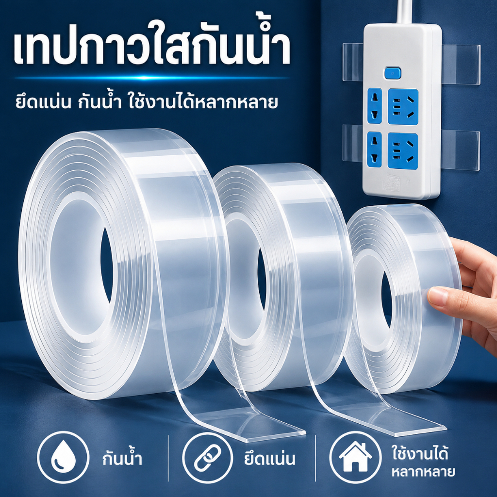 เทปนาโนใส เทปกาวสองหน้า อเนกประสงค์ เหนียวแน่น ติดผนัง ล้างใช้ซ้ำได้ ไม่ทิ้งคราบ