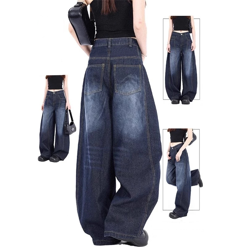 ยีนส์เอวสูงขากว้าง Unisex ตัดเฉียงโค้ง 3D ละลายสะโพก ลายล้างโบราณสไตล์เรโทร การตัดแบบเซมิทาร์ Scimitar ส่งด่วนในไทยS-3XL