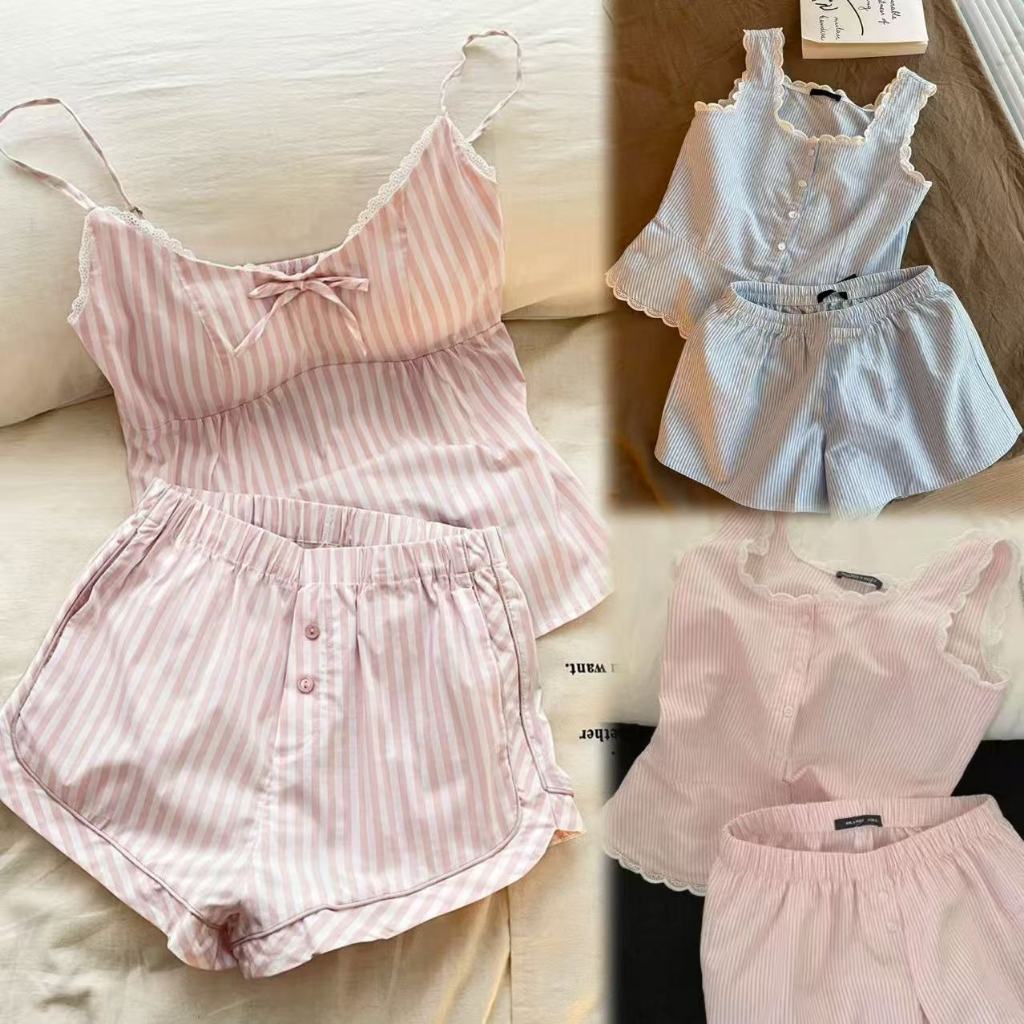 พร้อ​มส่ง ชุดนอน 2 ชิ้น สายเดี่ยว + กางเกงขาสั้น สไตล์ฝรั่งเศส มีฟองน้ำ แฟชั่น ผ้านุ่ม ใส่สบาย M-2XL