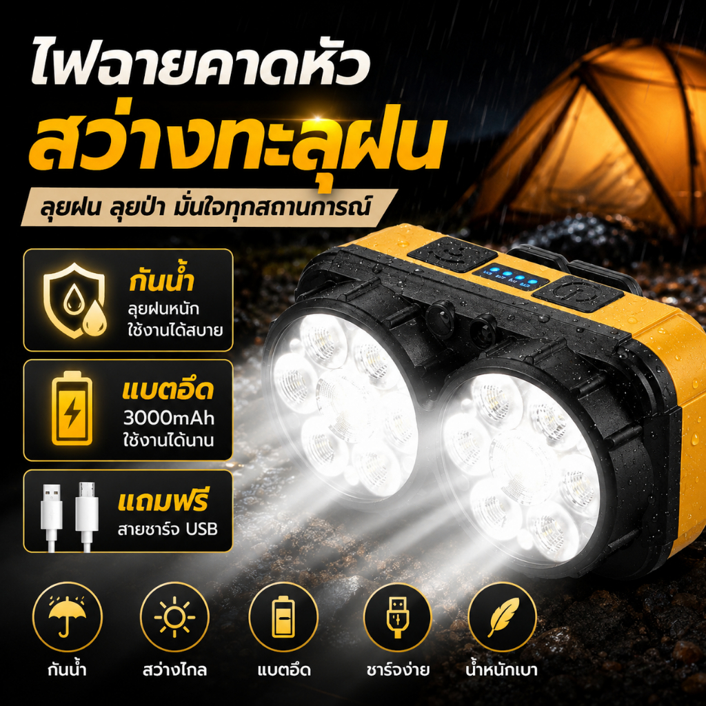 EasyFix ไฟฉายคาดหัว LED 2 หัว USB มีเซ็นเซอร์ กันน้ำ สว่างชัด เหมาะแคมป์ปิ้ง เดินป่า ทำงานกลางคืน