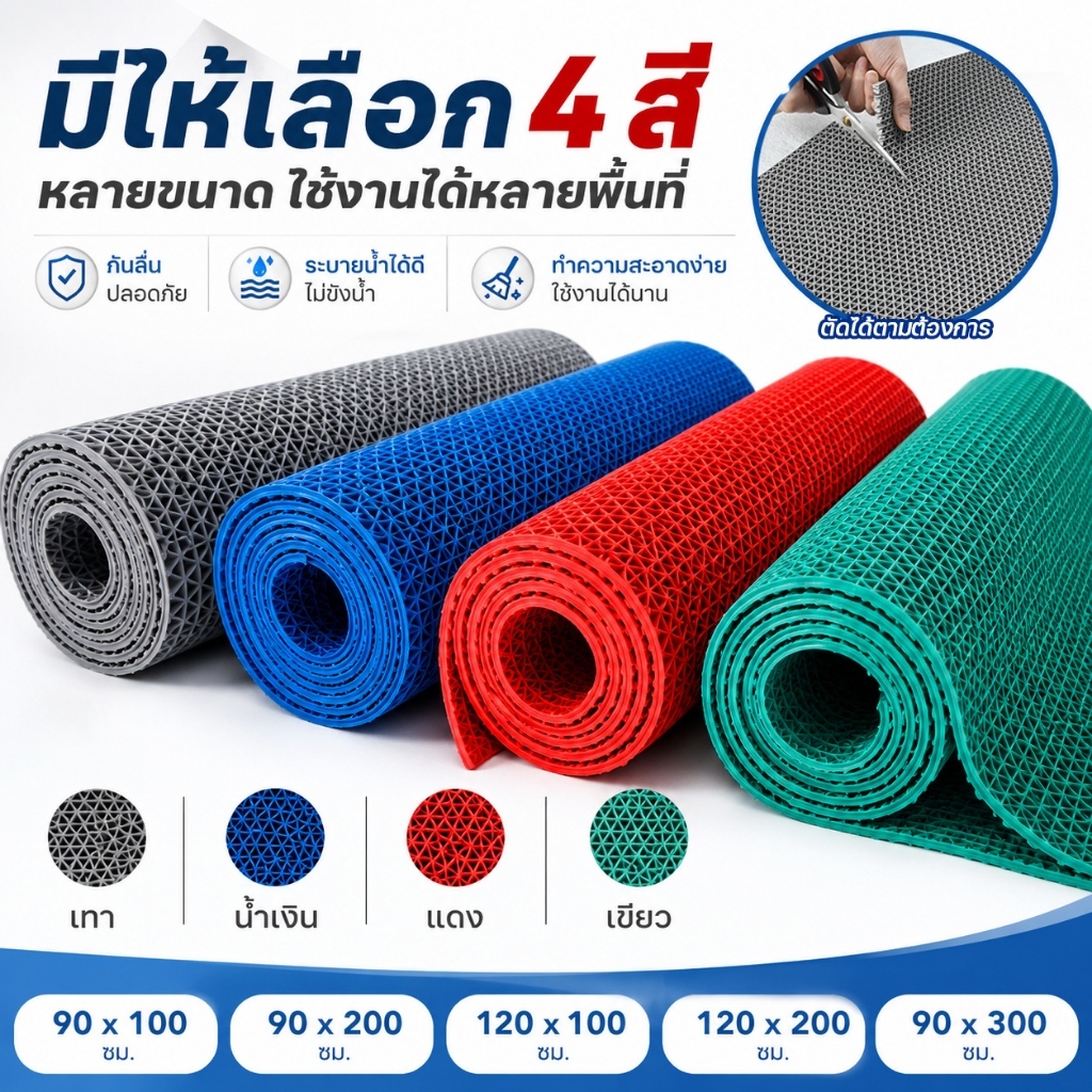 แผ่นปูพื้นกันลื่น PVC พร้อมตาข่ายระน้ำ ใช้ในห้องน้ำ–ครัว ตัดแต่งขนาดได้ ล้างง่าย ทนทาน ใช้งานได้หลากหลายพื้นที่