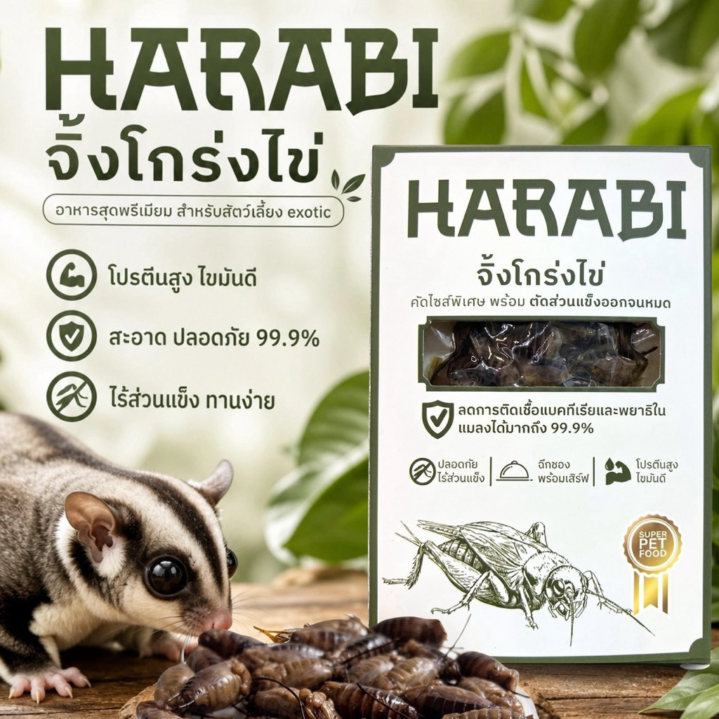 จิ้งโกร่งไข่ HARABI ตัดส่วนที่แข็งออกหมดปลอดเชื้อโรคไร้พยาธิ อาหารสำหรับสัตว์เล็ก Exotic pet ขนาด 50 กรัม แมลง จิ้งโกร่ง
