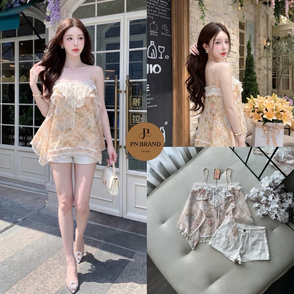PNBRAND เซ็ตเสื้อสายเดี่ยวทรงหลวมพิมพ์ลายดอกไม้+กางเกงยีนส์ขาสั้น