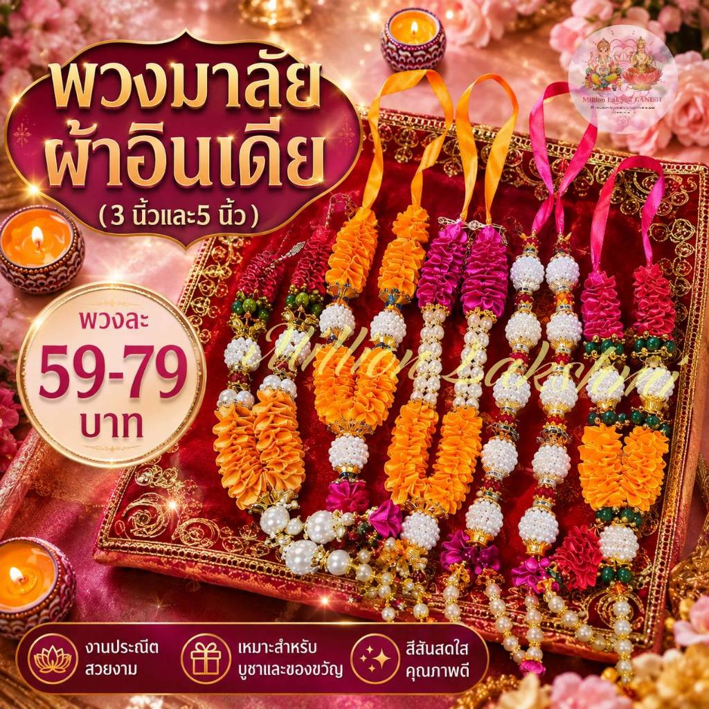 พวงมาลัยผ้าอินเดีย (เล็ก5นิ้ว) ถวายองค์เทพ พระพิฆเนศ พระแม่ลักษมี พระแม่อุมาเทวี