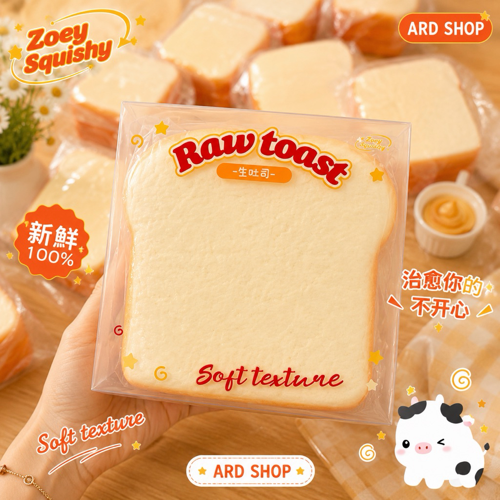 🔥พร้อมส่ง🔥 แท้💯 Zoey Squishy | 🍞 Raw Toast สกุชชี่ขนมปังชิ้นหนา ครึ่งโล Squishy Slow Rising บีบคลายเ