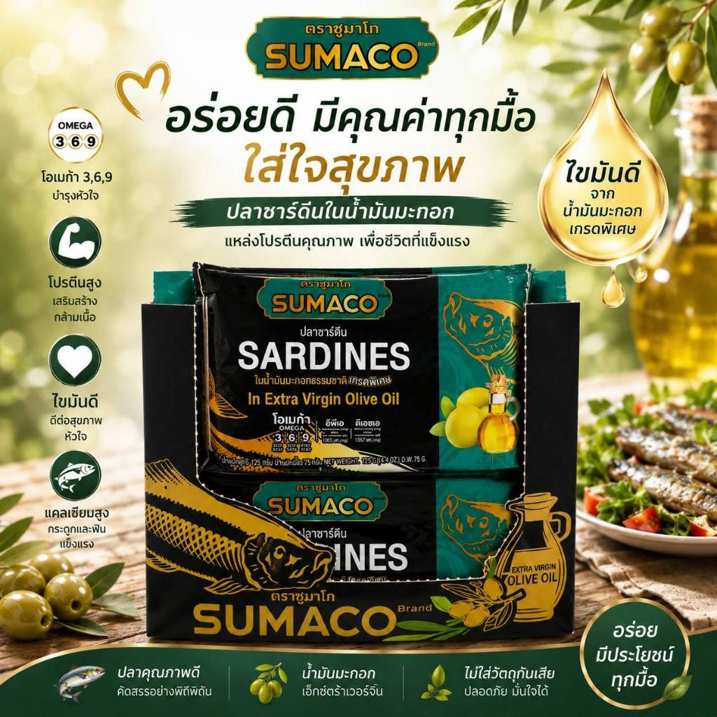 [เซต 10 กระป๋อง / ชุด] SUMACO ปลาซาร์ดีนในน้ำมันมะกอกพรีเมียมและพริก 125กรัม