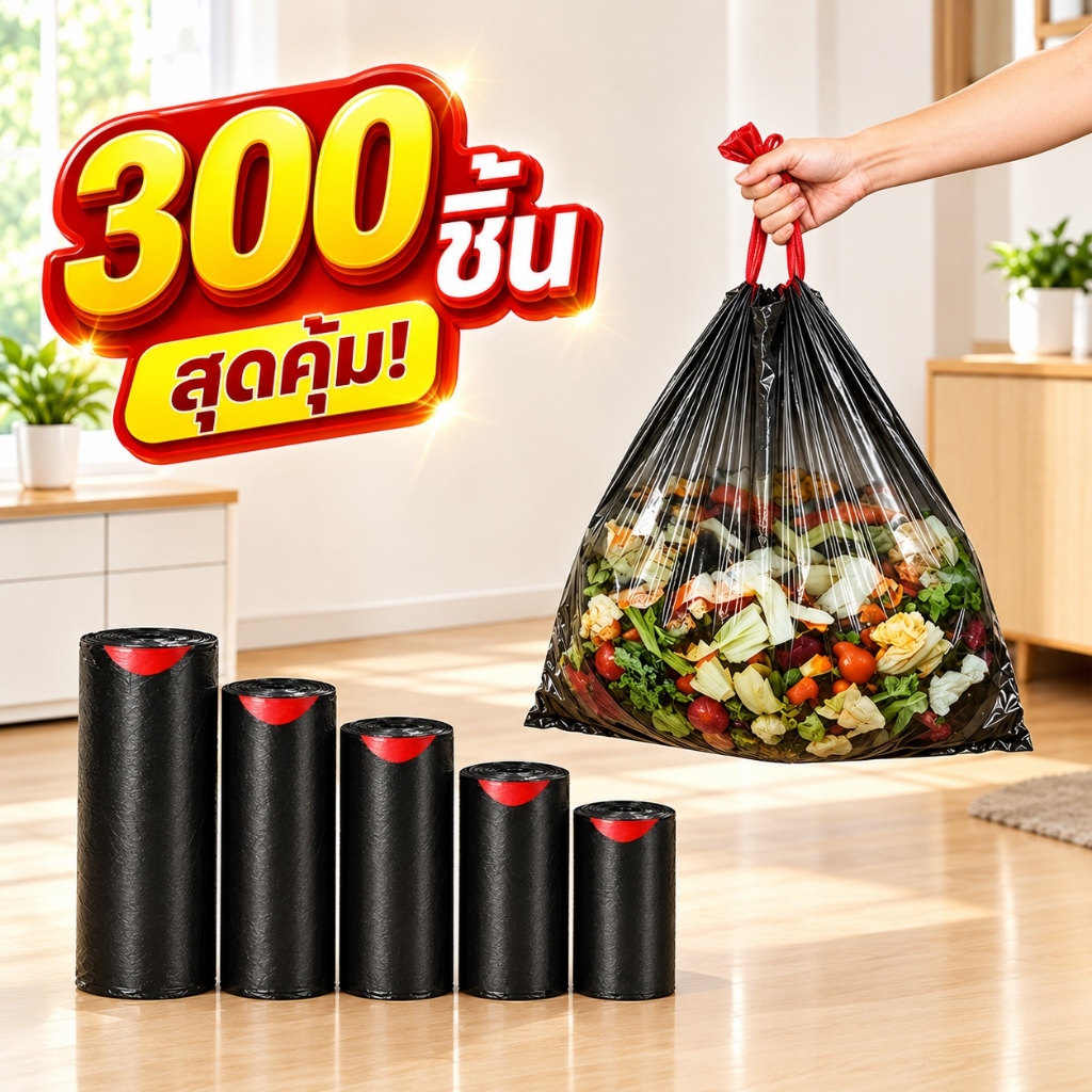 🔥300 ชิ้น🔥 ถุงขยะสีดำมีหูหิ้ว ขนาด 45 x 50 50 x 60 ซม. หนา ไม่มีกลิ่น แข็งแรงทนทาน มีหลายขนาดให้เลือก สินค้าพร้อมส่ง