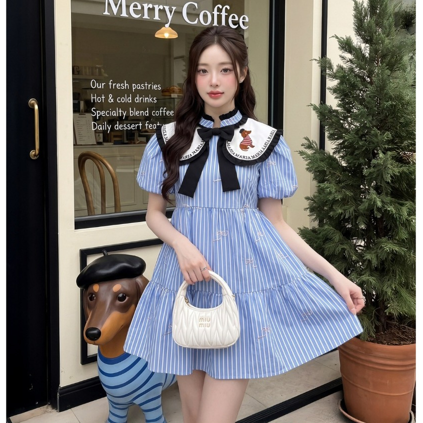 (มีถึง3XL) Maria Diamond สีฟ้า Duch Blue Dress เดรสทรงปล่อยผ้าคอตตอนงานปัก ปกคอบัวใหญ่งานปัก ซิปหลัง มีซับใน
