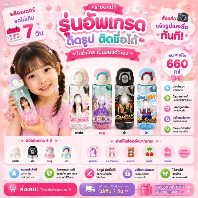 ขวดน้ำเด็ก ติดชื่อ ติดรูป กระบอกน้ำเด็ก 2in1 (ติดชื่อฟรี) ขวดน้ำ กระติกน้ำ ดูดได้/กระดกได้ หลอดกดกระเด้ง 600ml.