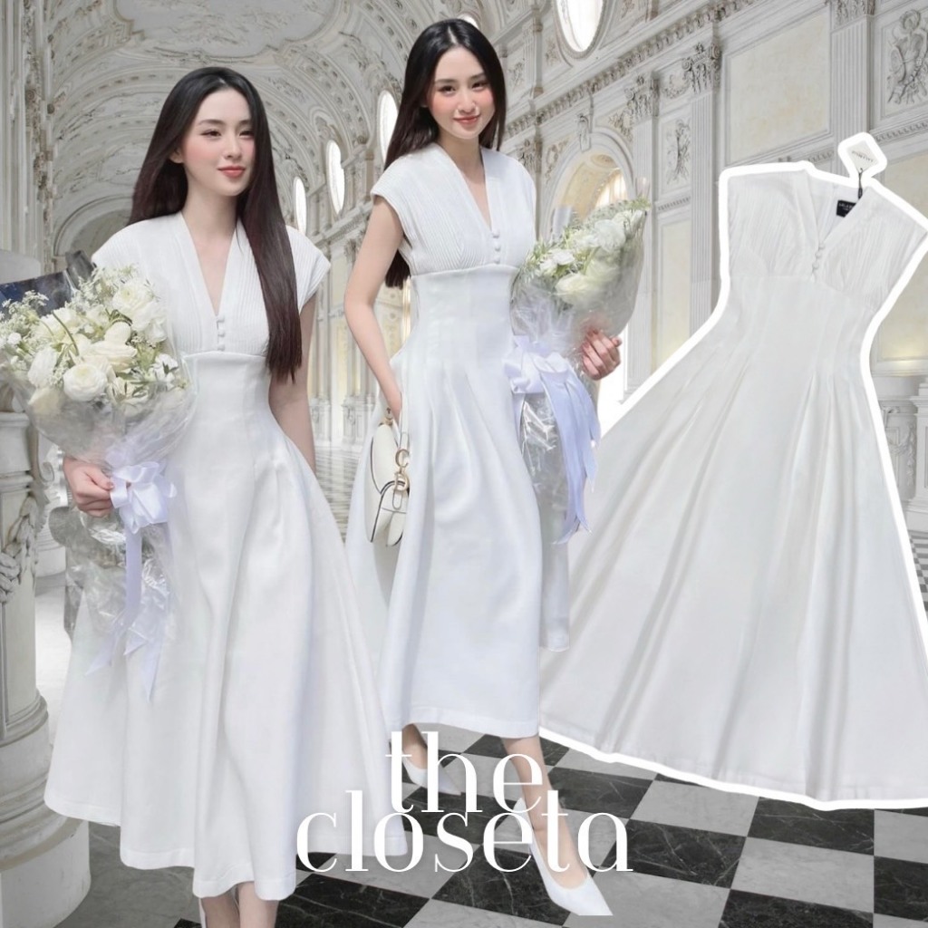 THE CLOSETA : LB26 ชุดเดรสคอวีทรงแขนล้ำช่วงอกอัดพลีท กระโปรงบาน ผ้าสูททรงสวย