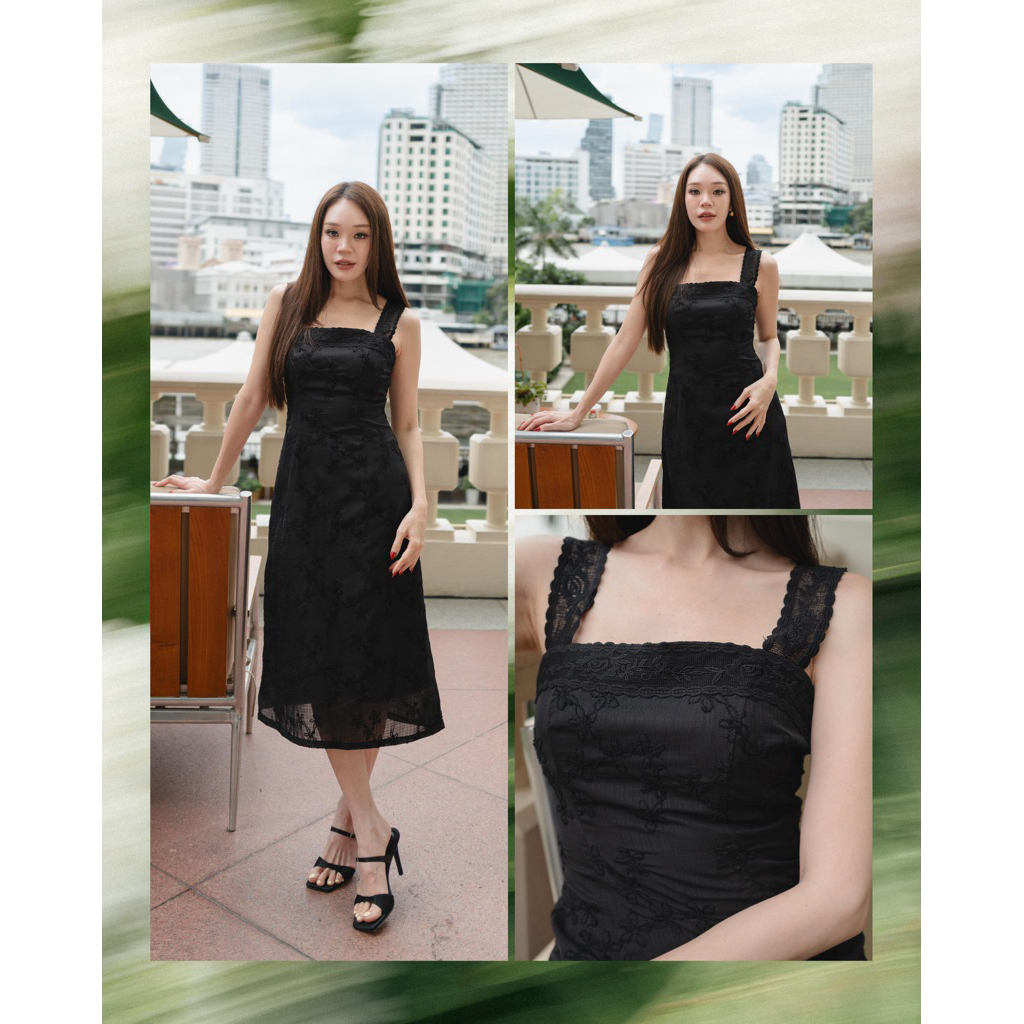 KK022 | เดรสยาวทรงเอเข้ารูป สีดำแต่งสายลูกไม้ดำ (เช็คไซส์,รายละเอียดก่อนสั่งนะคะ)