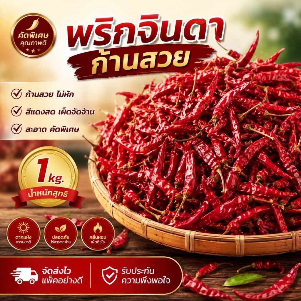พริกแห้งจินดาก้านแท้สวย 1 Kg.เม็ดสวยคัดพิเศษ.