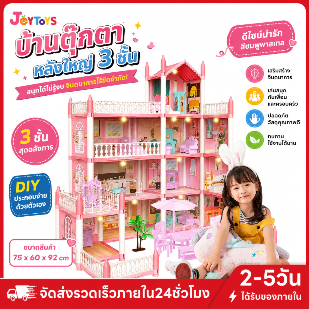 JoyToys【แถม ไฟดวงน้อย!】สุดหรู บ้านตุ๊กตา 4ชั้น 60cm(ของเล่นบ้านบาร์บี้ ของเล่นสำหรับเด็ก ของเล่นบ้าน)