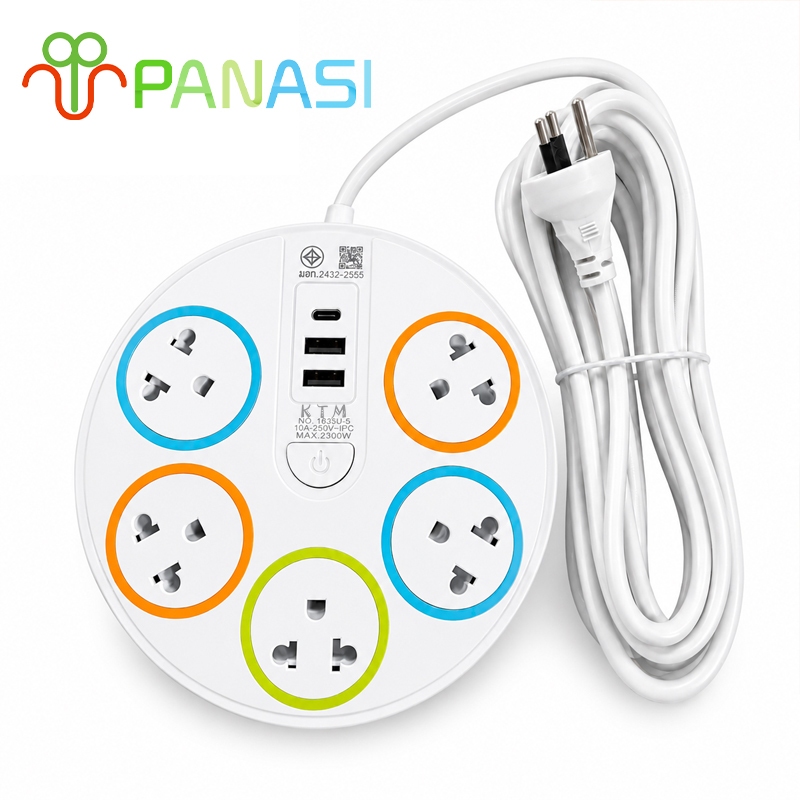 Panasi ปลั๊กพ่วงทรงกลม 5/6 ช่อง 2300W 10A พร้อม USB 2 ช่อง + Type-C 1 ช่อง ปลั๊กไฟอเนกประสงค์ มีสวิต