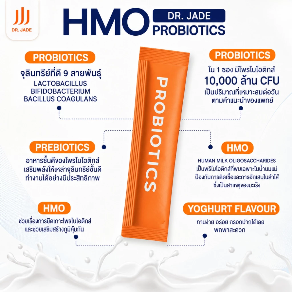 DR.JADE โพรไบโอติกส์ HMO Probiotics 9 สายพันธุ์ อาหารเสริม ปรับสมดุลลำไส้ เสริมภูมิคุ้มกัน หมอเจด [10 ซอง] thumbnail 7