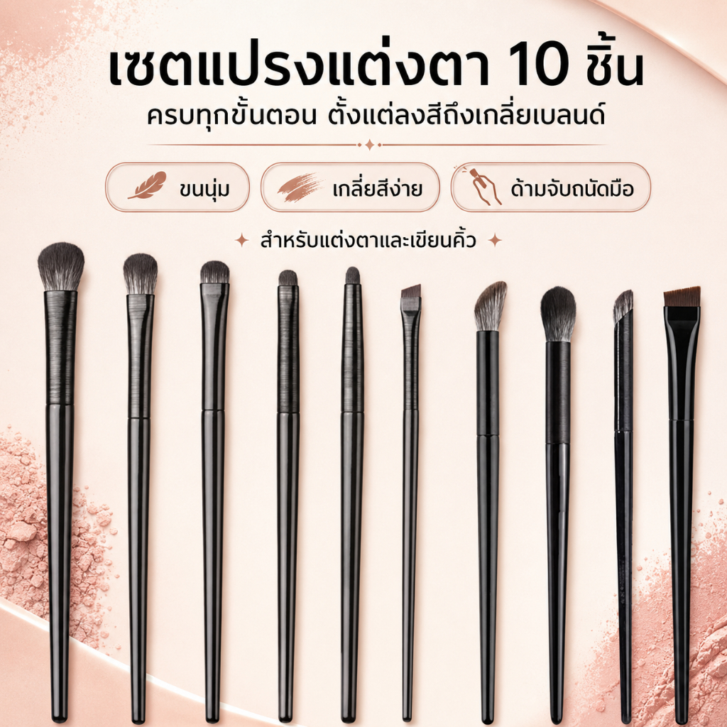 เซตแปรงแต่งตา 10 ชิ้น แปรงอายแชโดว์ แปรงเบลนด์ แปรงเขียนคิ้ว อายไลเนอร์ ขนนุ่ม ด้ามสีดำ