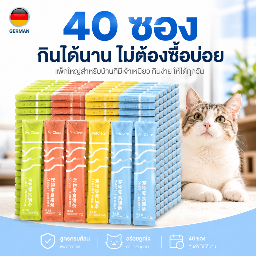 PetClear ขนมแมวเลีย แพ็กใหญ่ 40 ซอง 15g สูตรฟังก์ชัน เลือกได้ 4 สูตร สำหรับแมว