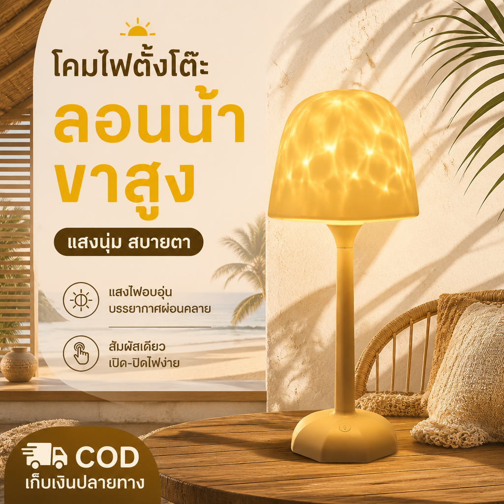[พร้อมส่ง] โคมไฟตั้งโต๊ะ LED ลายคลื่นน้ำ ปรับได้ 3 สี ไฟบรรยากาศ แต่งห้องมินิมอล ของขวัญสุดเก๋
