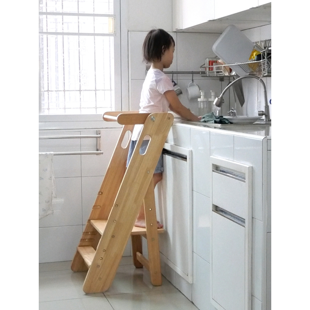 Learning Tower ปรับ-พับ-ล็อคได้ ไม้ยางแท้ ไม่ต้องประกอบ เก้าอี้บันไดเด็ก Pitch