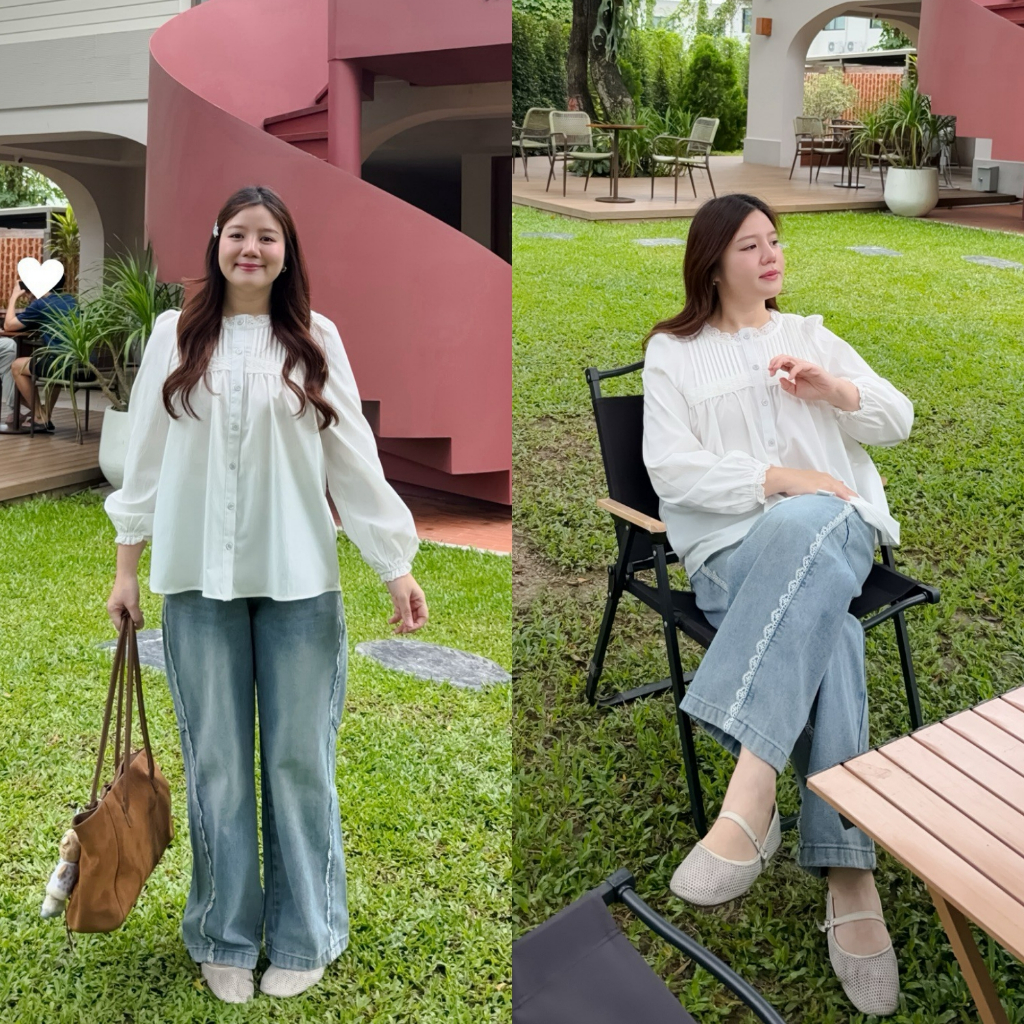 (❤️ เอวสูงถึง 38") Lace Edge Jeans กางเกงยีนส์ สาวอวบ