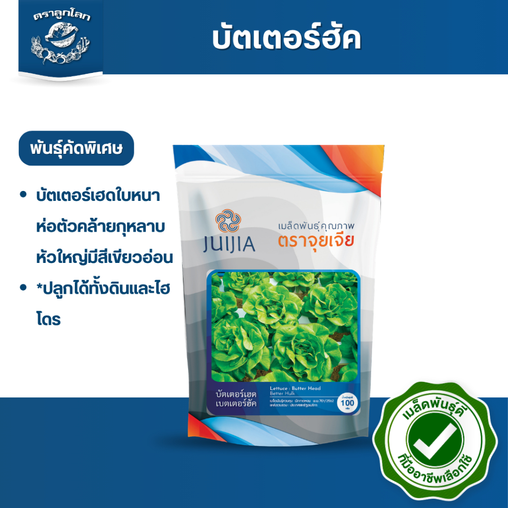 ตราลูกโลก เมล็ดผักกาดหอม บัตเตอร์เฮด(บัตเตอร์ฮัค) Lettuce เมล็ดพันธุ์ผัก ผักซอง ผักสลัด เมล็ดผักสลัด ขนาด 100 กรัม