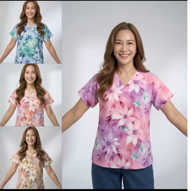 เสื้อคอวี ลายดอก สีสวยๆ ผ้าไหมอิตาลี อก 40-50นิ้ว