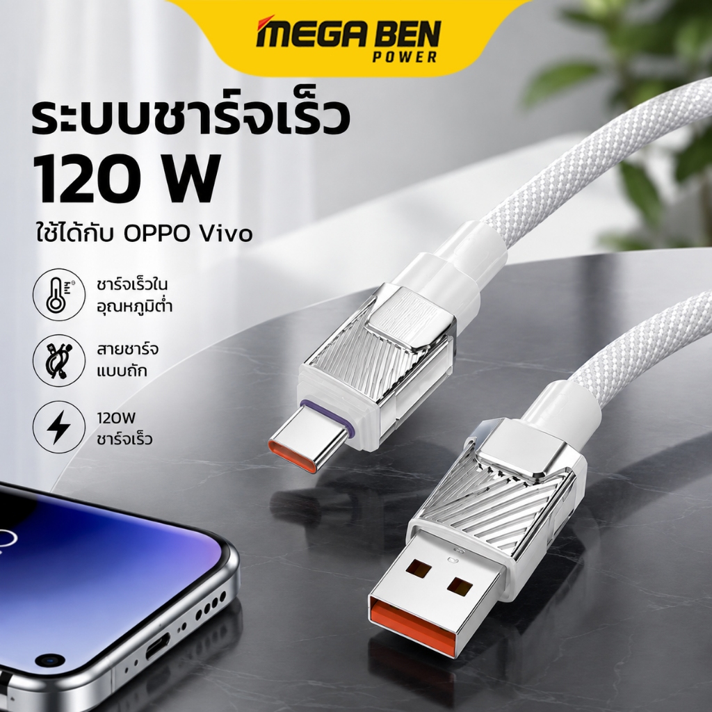 สายชาร์จ 100W USB to Type-C เส้นใยถัก ทนทาน ไม่ขาดง่าย สำหรับ Samsung Xiaomi OPPO รับประกัน 1 ปี