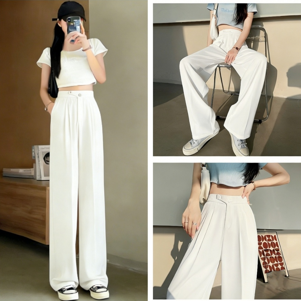 กางเกงขายาวผู้หญิง กางเกงสูท เสื้อผ้าราคาถูก baggy pants เอวสูง กางเกงพริ้ว แบบซิป กระดุมสองเม็ด
