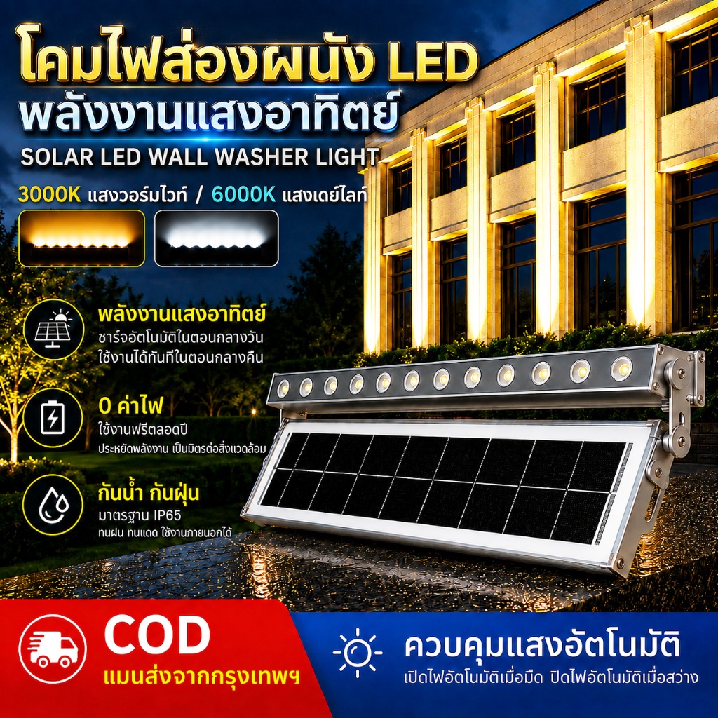 โคมไฟส่องผนังพลังงานแสงอาทิตย์ 18W 24W 36W Solar LED Wall Washer ไฟส่องผนังโซลาร์เซลล์ ชาร์จด้วยโซลาร์เซลล์