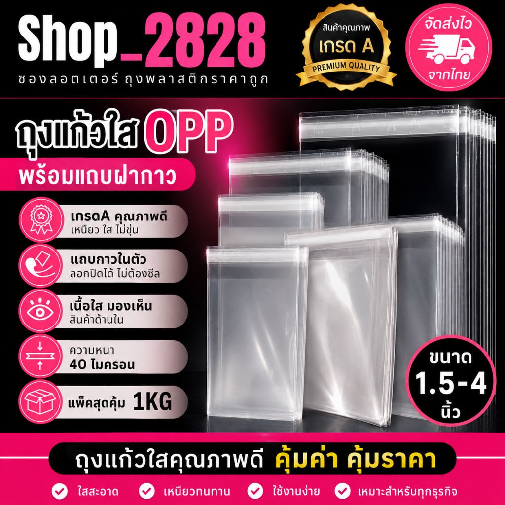 ถุงแก้วฝากาว ราคาถูก ขนาด 1.5-4 นิ้ว ถุงแก้ว ฝากาว ถุงใส่เสื้อผ้า แถบกาว ซองใส่ปากกา (แพ็ค1KG)