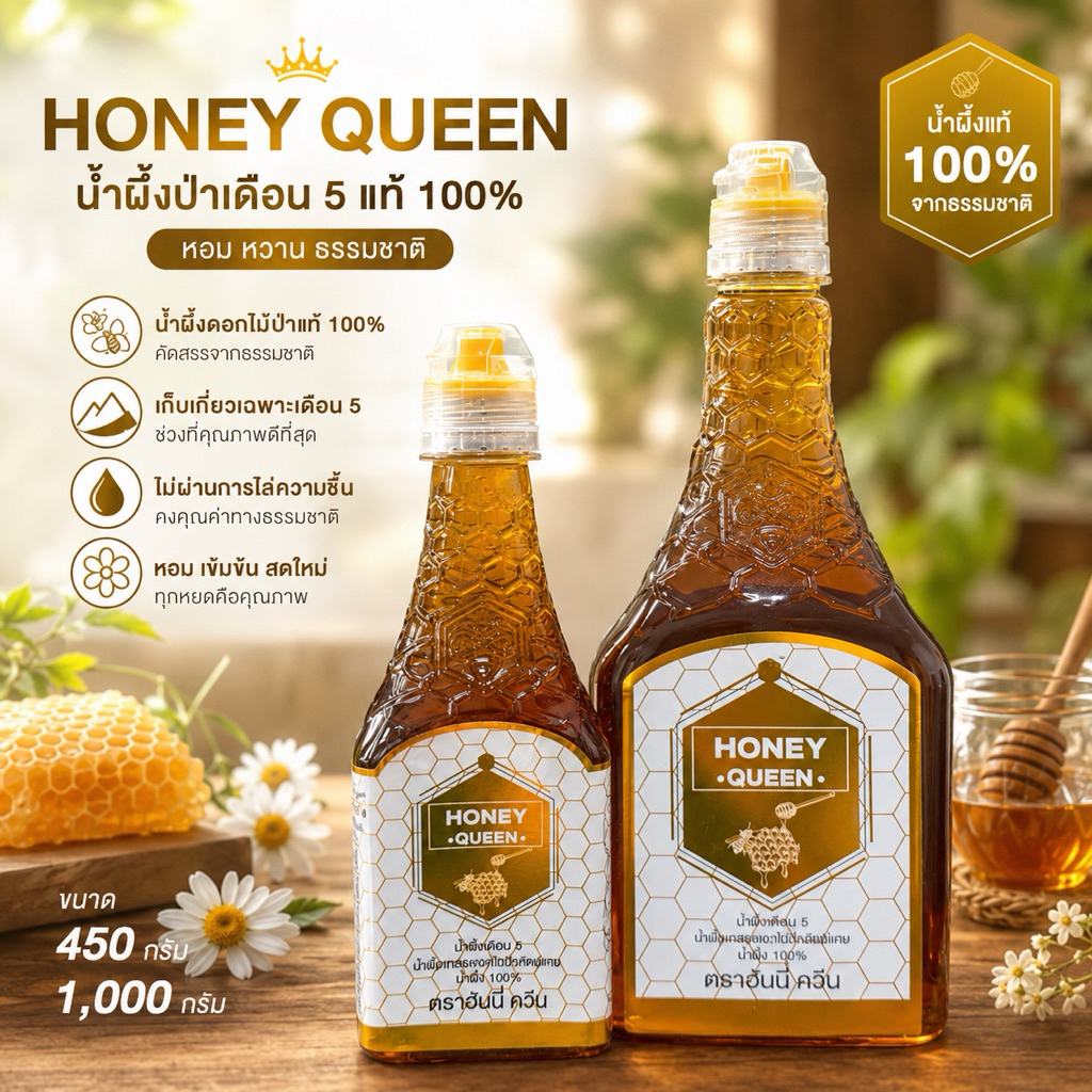 น้ำผึ้งเดือน 5 ตราฮันนี่ควีน HONEY QUEEN 450/1,000 กรัม ขวดฝาจุกบีบสะดวก (1ขวด)