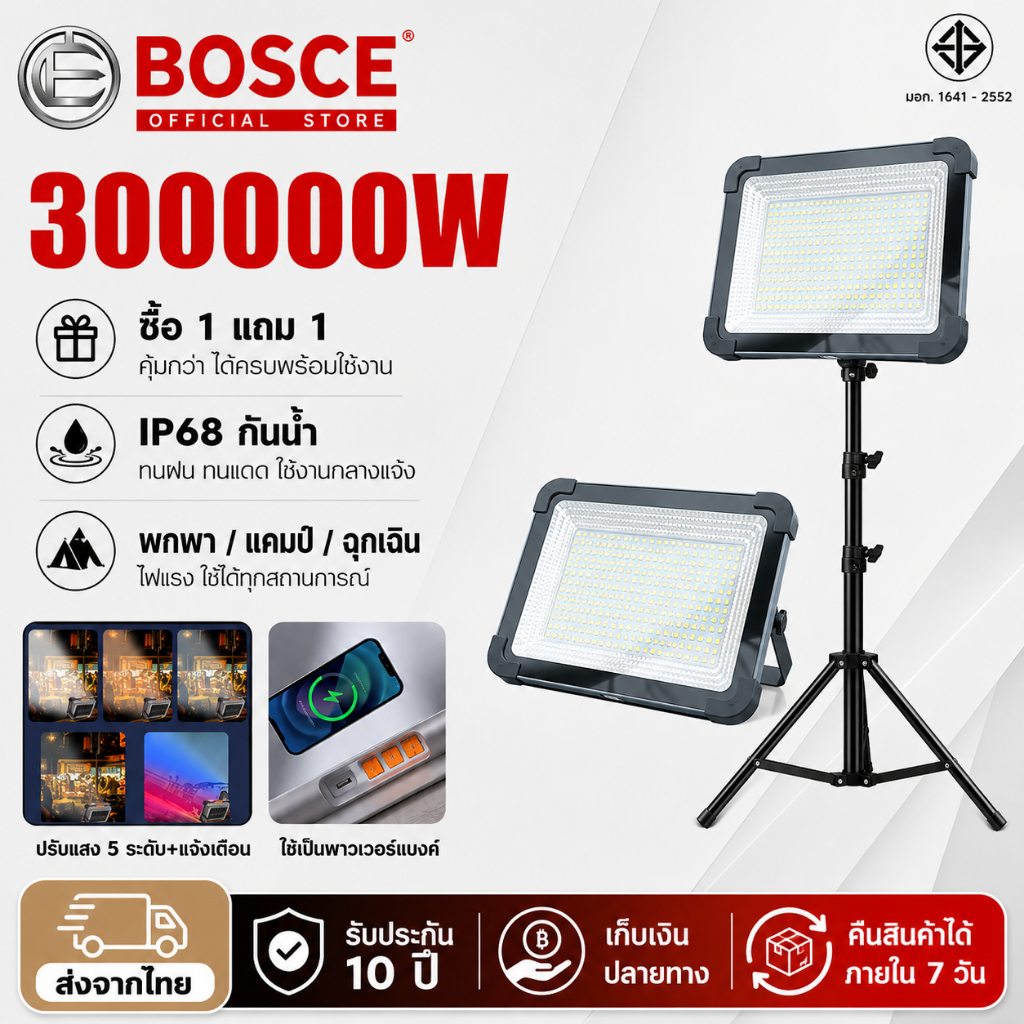 【รับประกัน10ปี】ไฟแคมป์ปิ้ง ไฟสปอร์ตไลท์ 300000W  กันน้ำIP67 ไฟled โซล่าเซลล์ ชาร์จไฟUSBไฟ5ระดับ+ไฟเตือน เปลี่ยนได้3สี