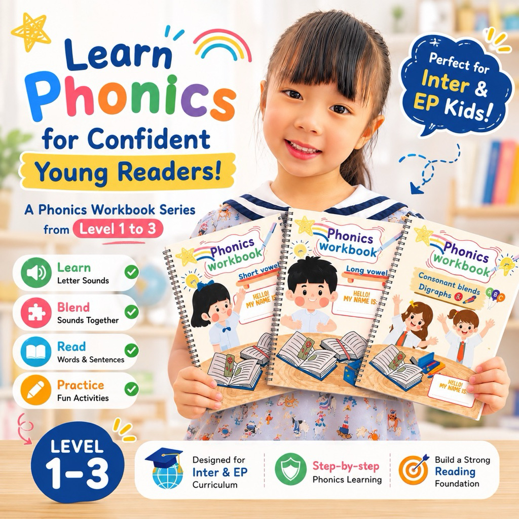 Phonics Workbook English Ver สำหรับเด็ก Inter & EP Level 1–3 | Short Vowels, Long Vowels, Blends & D