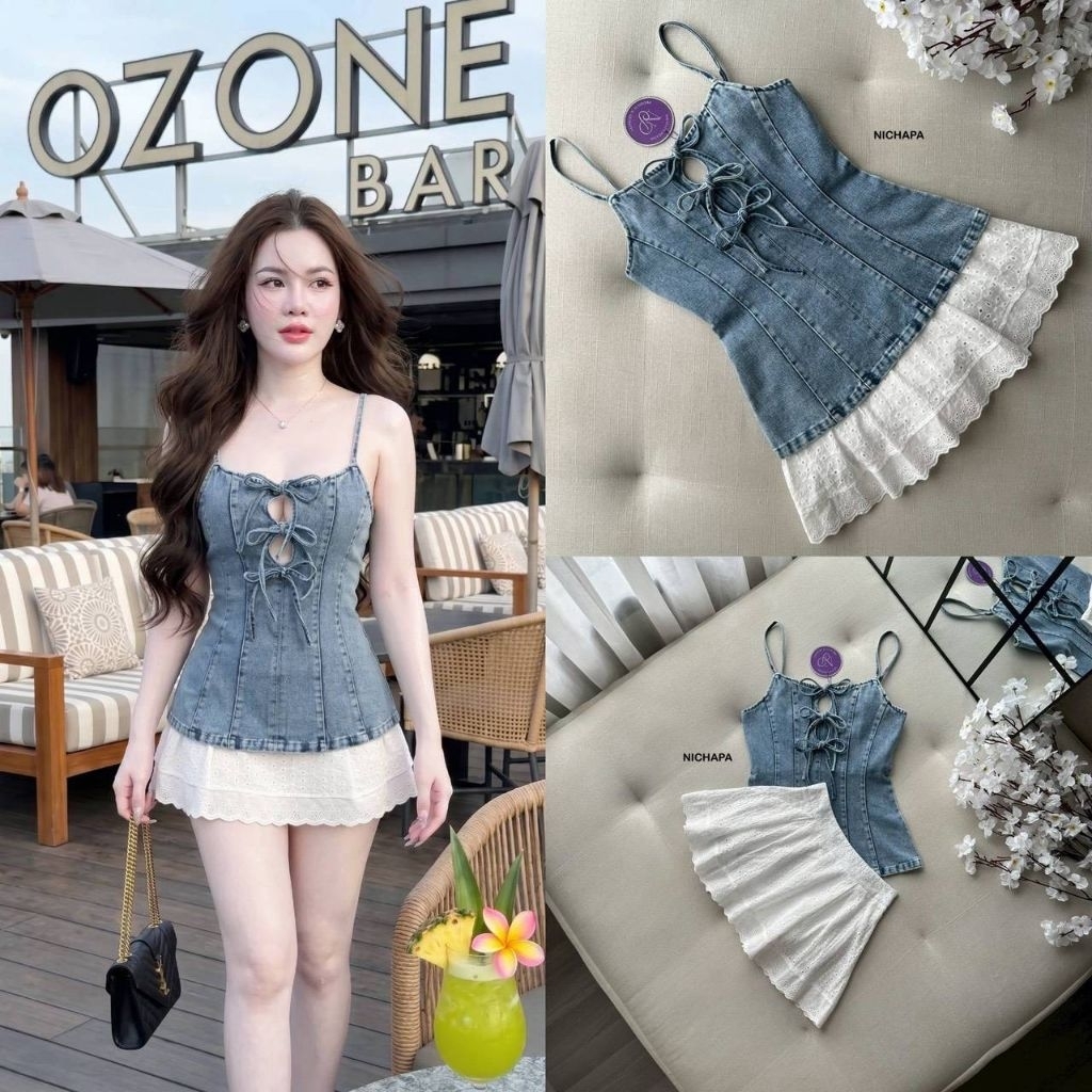 Nichapa Set 2 ชิ้น เสื้อสายเดี่ยวผ้ายีนส์ฟอกมาคู่กระโปรงสัันผ้าฉลุ
