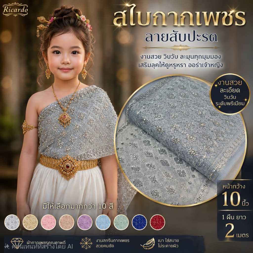 สไบเด็ก สไบกากเพชร ลายสับปะรด หน้า 11นิ้ว ( 1ผืน​ ความยาว​ 2เมตร)(ผ้ายังไม่ได้เย็บเก็บริม เก็บปลายผ้า)​