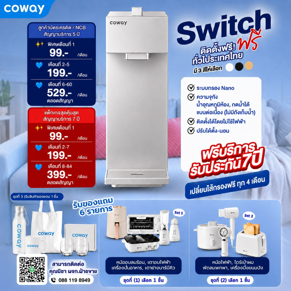 [ทักแชทก่อนสั่งซื้อ] พิเศษ9.9 เครื่องกรองน้ำ Coway รุ่น SWITH สินค้าชำระรายเดือน ติดตั้งฟรี