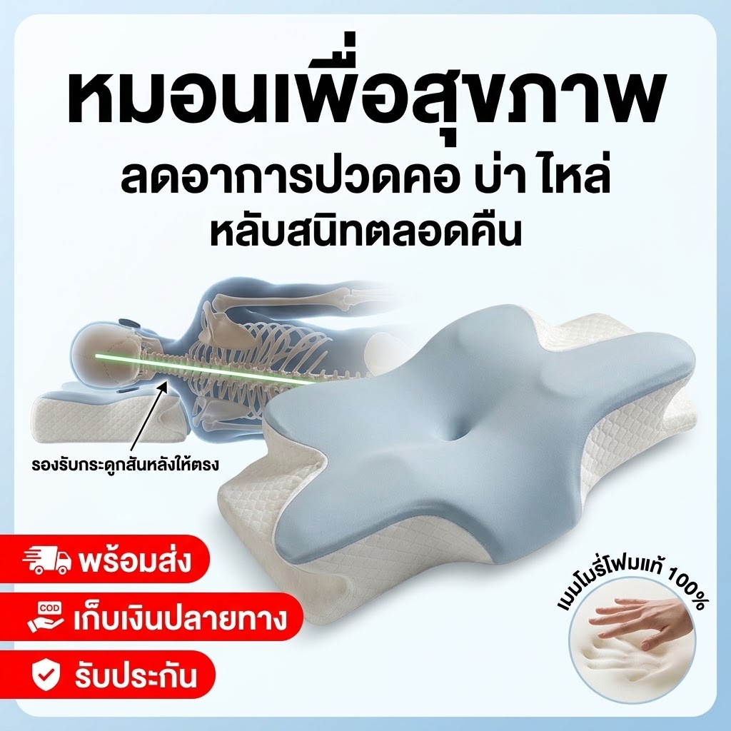 [พร้อมส่ง] Premium หมอนสุขภาพ แก้ปวดคอ เมมโมรี่โฟม Ergonomic Butterfly Shape หลับสนิทตลอดคืน