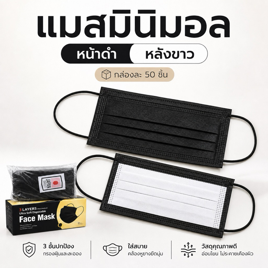 หน้ากากอนามัย มินิมอล หูดำ 3 ชั้น Face Mask กล่องละ 50 ชิ้น พร้อมส่ง (สีดำ)