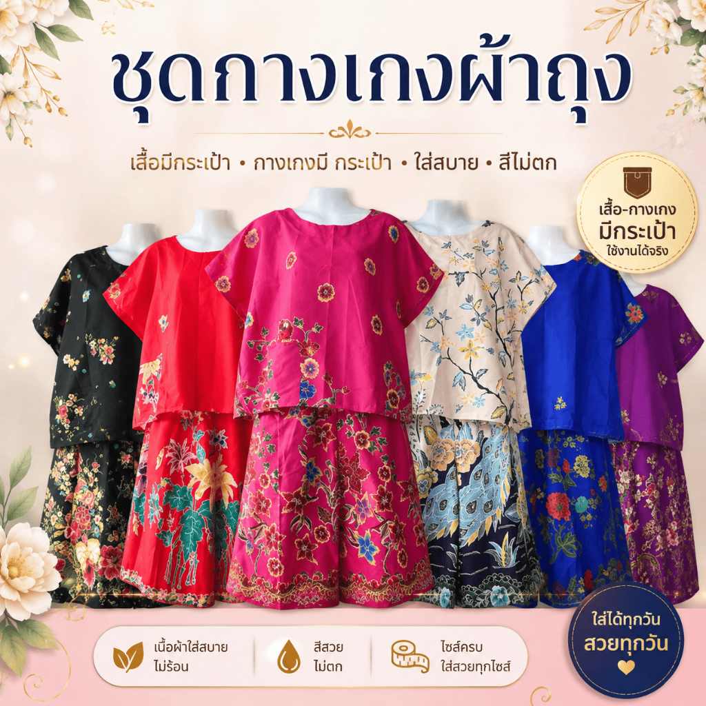 ชุดกางเกงผ้าถุง เสื้อมีกระเป๋า กางเกงมีกระเป๋า ใส่สบาย สีไม่ตก