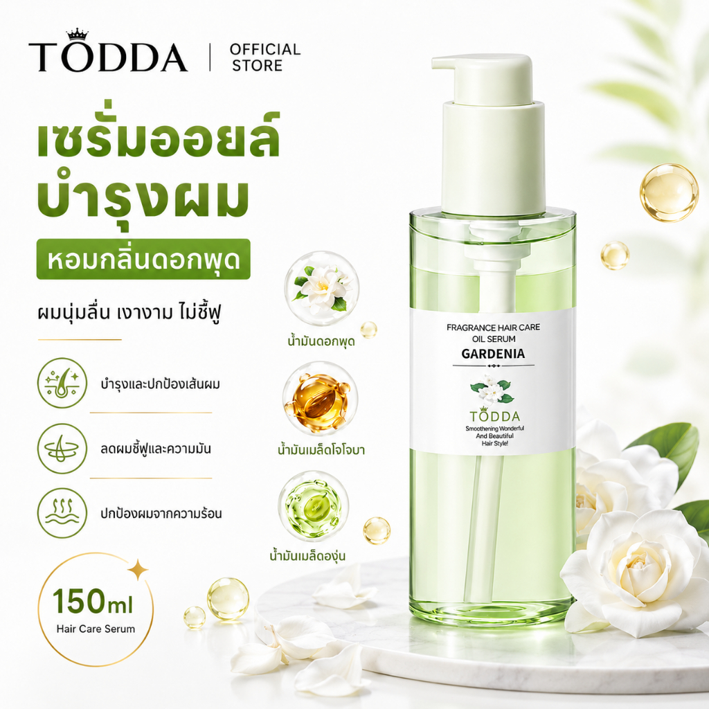 น้ำมันผมหอมหัวมะลิ 150 มล. เซรั่มจัดแต่งทรงตรง สกัดจากพืช ช่วยบำรุงเส้นผมให้แข็งแรง ลดความฟู ไม่ต้องใช้ความร้อนจากเตารีด