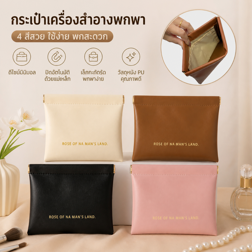 MAI กระเป๋าเครื่องสำอางขนาดเล็ก ผิวหนัง PU พกพาสะดวก ปิดอัตโนมัติ ทรงเรียบง่าย สำหรับเก็บเครื่องสำอาง อุปกรณ์เสรองสำอาง
